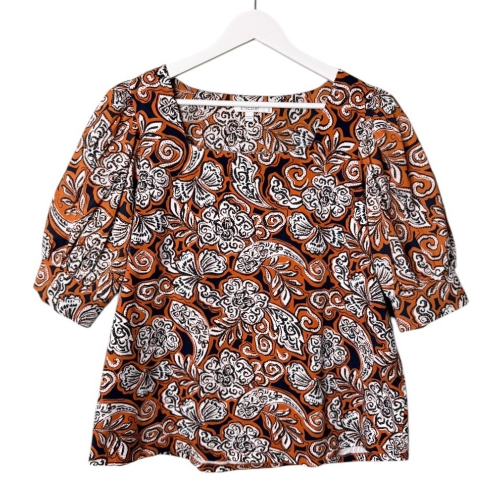Chico’s Women’s‎ Warm Paisley Floral Square Neck Top Orange Black White Size XL